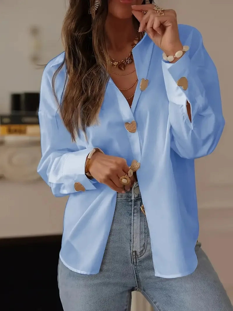 Women Elegant Commute Long Sleeve Shirt Heart Button Down Blouse Casual Office Wear Tops