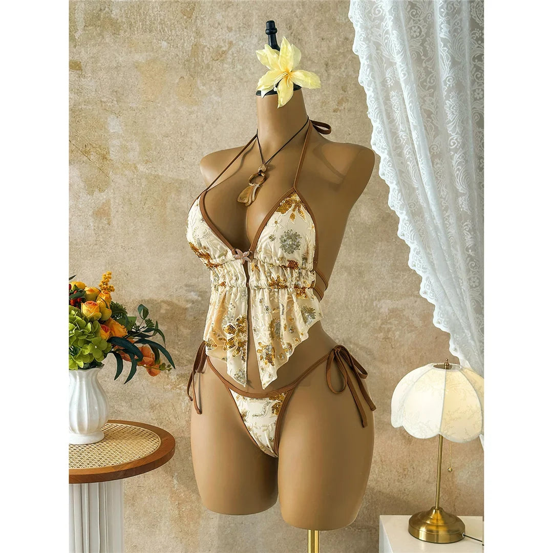 Glitter Sequin Printed Tankini Halter Bikini Women Swimwear Female Swimsuit Bather Bathing Suit Swim Two-pieces Bikini set K8067