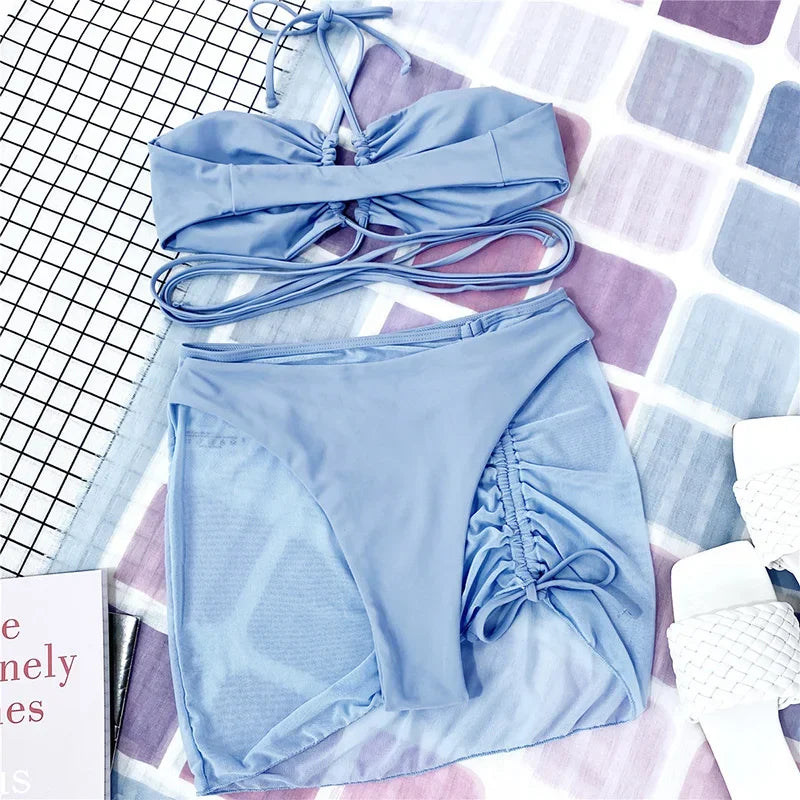 Wrap Around with Mesh Sarong Skirt Bikini Female Swimsuit Women Swimwear Three-pieces Bikini Set Beachwear Bathing Suit Swim