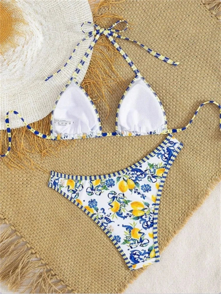 Sexy Blue Fruit Print Bikini Set 2026 Women Halter Push Up Bra High Waist Swimsuit Beach Bathing Suit Holiday Swimwear Biquini