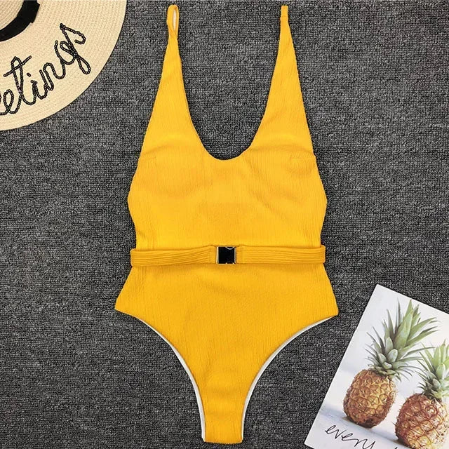 V Neck Ribbed High Cut Women Swimwear One Piece Swimsuit Female Backless Monokini with Waist Belt Bathing Suit Swim Beachwear