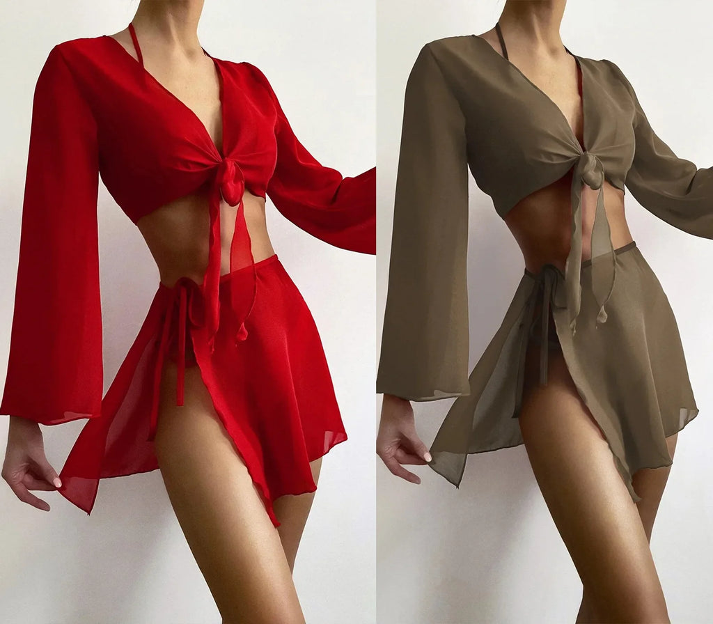 4pcs Red Bikinis Sets Women Mesh Long Sleeve Cover Up with Skirt Swimsuit 2024 Summer Push Up Beach Bathing Suit Thong Swimwear