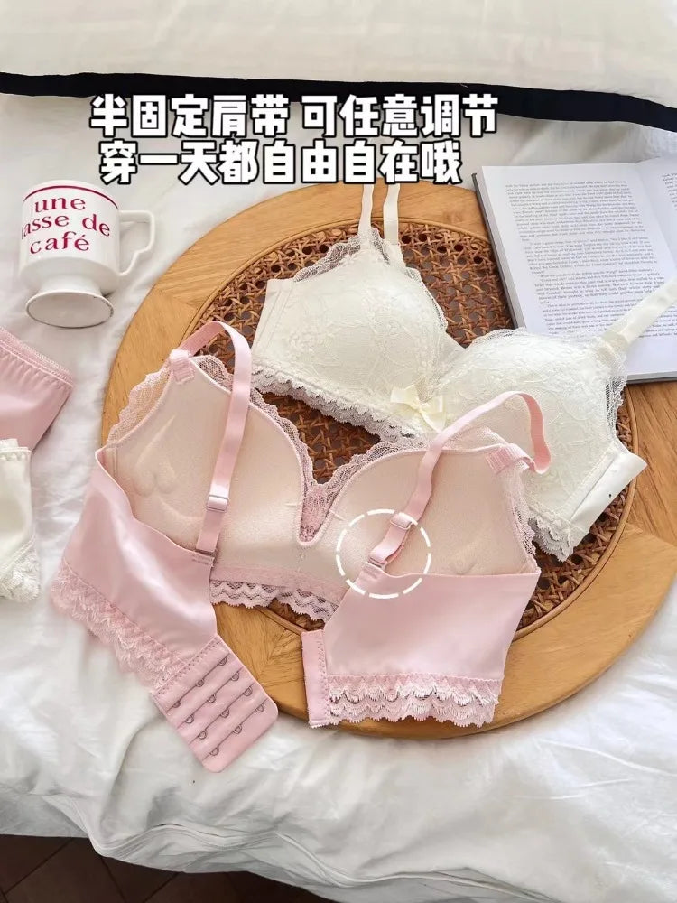 Japanese Anime Lace Bra Set Push Up Wireless Bralette Small Bust Seamless Sexy Triangle Cup Lingerie Set Spring Summer MOYISU