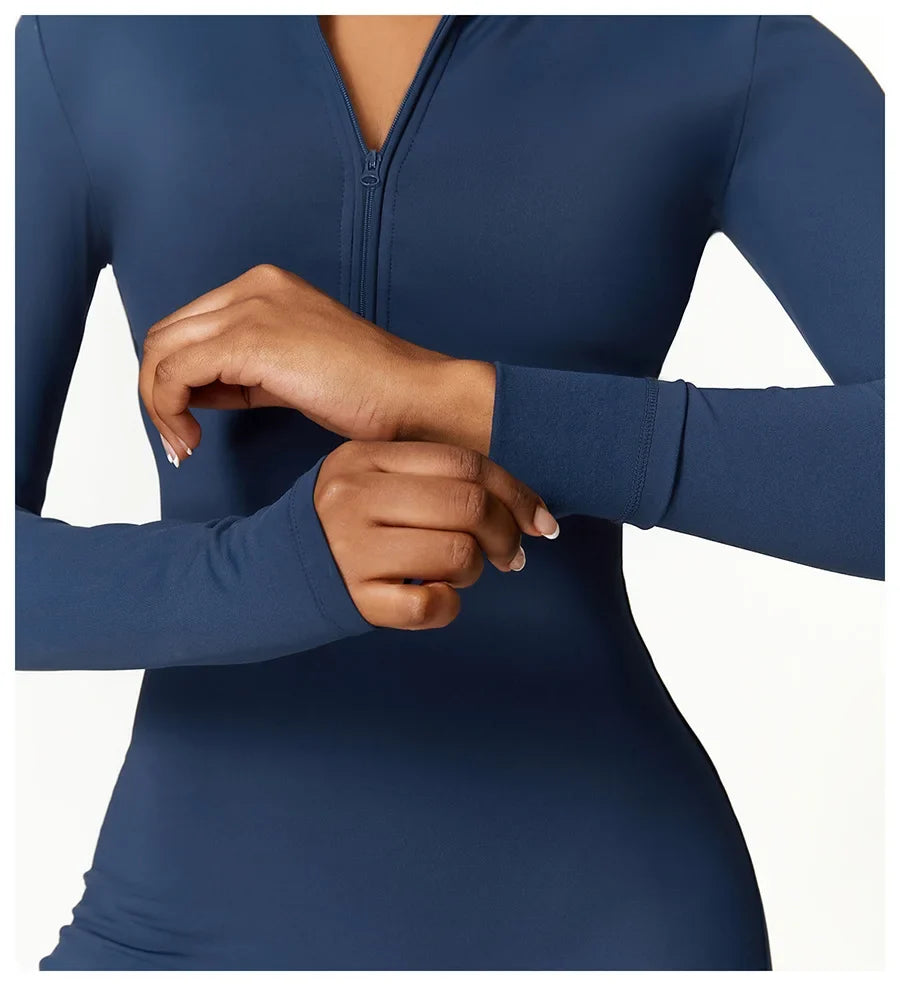 Zipper Workout Jumpsuit Sports Overalls Women Gym Clothing Running Long Sleeves Fitness Gym Tracksuit Short Sportswear Yoga Set