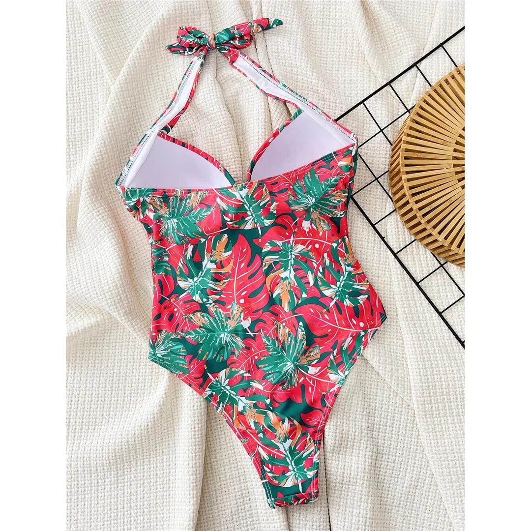 Printed Halter V Neck With Bra Cup One Piece Swimsuit Women Swimwear Female Monokini High Leg Cut Bather Bathing Suit Swim V5739