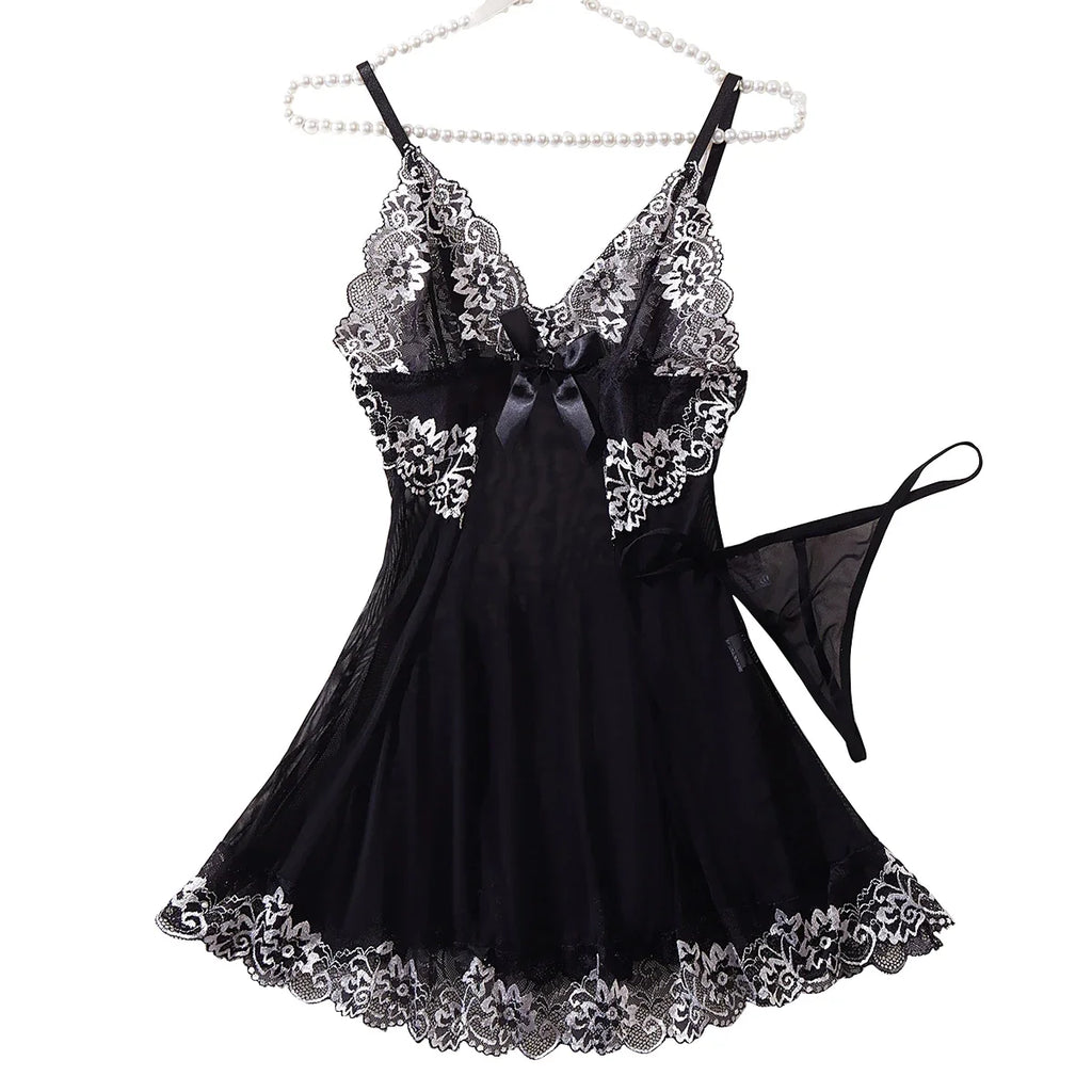 Black Lingerie Women Underwear Sleepwear Lace Nightdress And Thongs Pijamas Sets Female Nighty