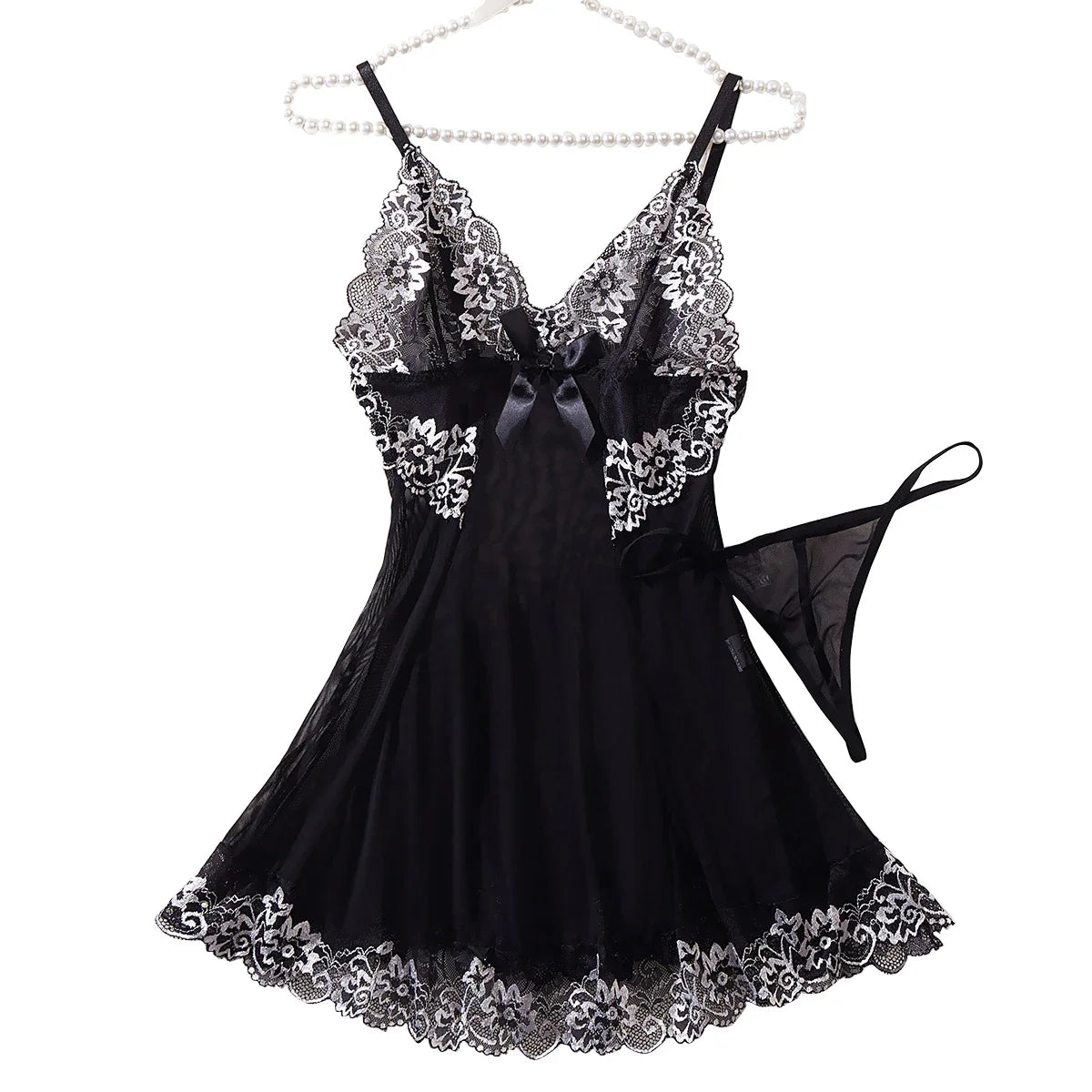 Black Lingerie Women Underwear Sleepwear Lace Nightdress And Thongs Pijamas Sets Female Nighty