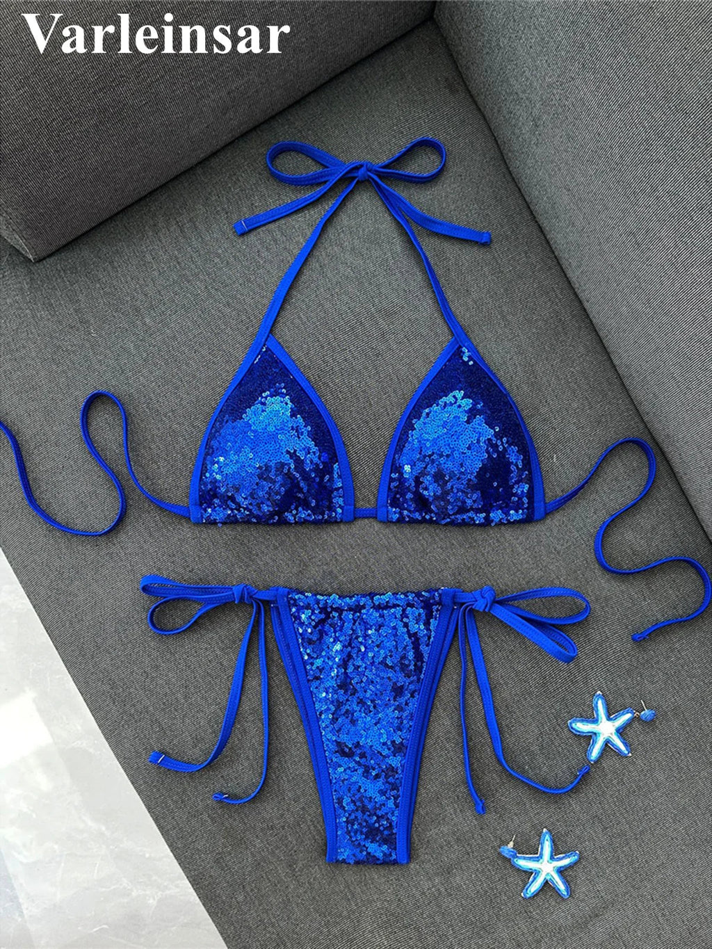 Sequins Halter Bikini Female Swimsuit Women Swimwear Two-Pieces Bikini Set High Cut Leg Padded Bather Bathing Suit Swim V8302