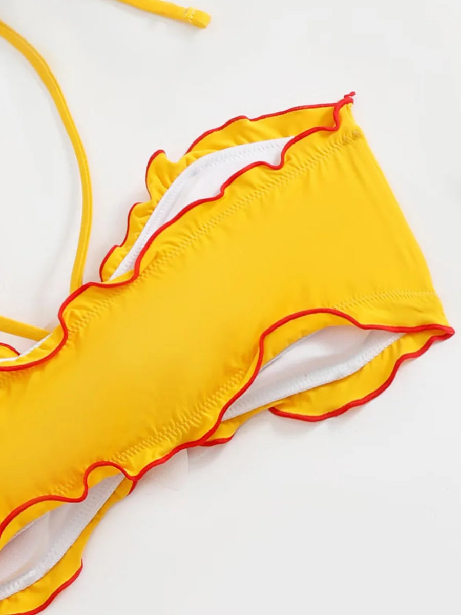 with Mesh Skirt 3D Flowers Halter Bandeau Bikini Female Swimsuit Women Swimwear Three-pieces Bikini Set Bathing Suit Beachwear