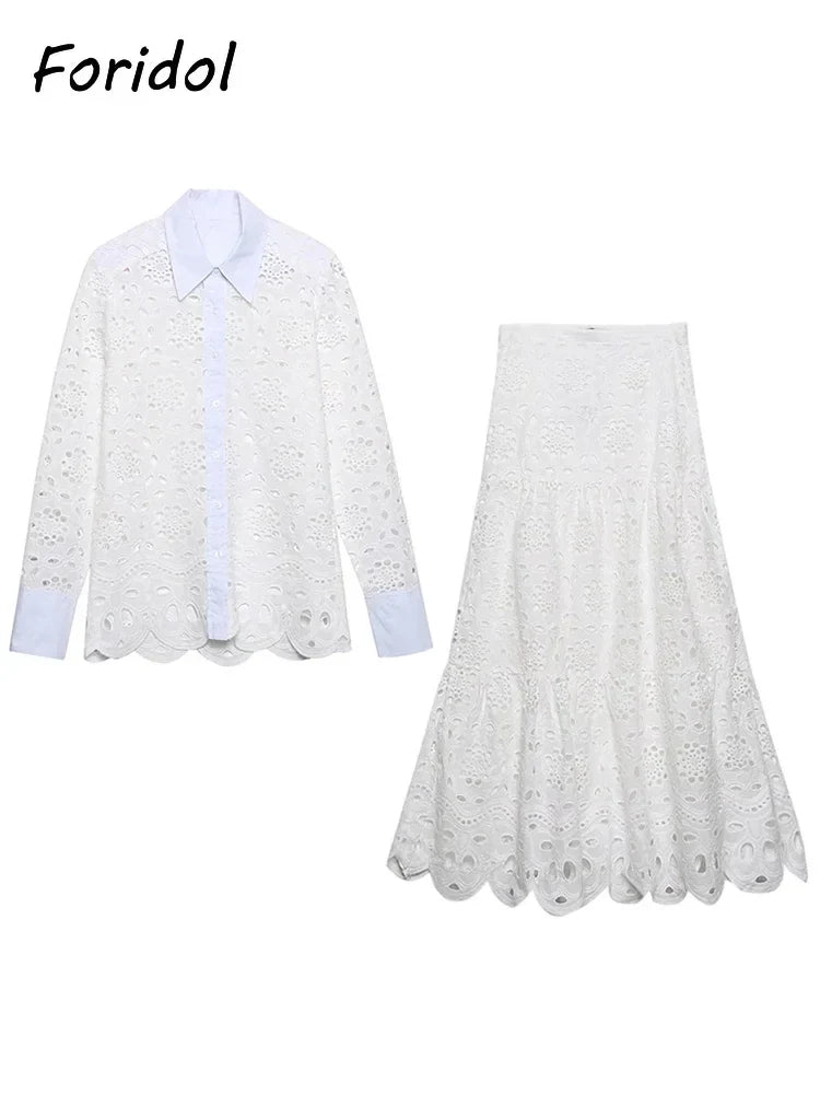 Spring Women Summer White Lace Dress Set Hollow Out Embroidery Shirt Skirt 2 Pcs Robe Outfits Single Breasting Cotton Maxi Dress