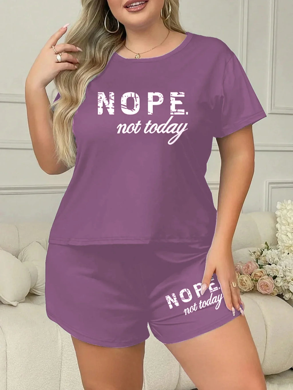 Letters Print Pajama Set Short Sleeve Tee And Elastic Shorts Plus Size Fit Women's Casual Attire Sports Wear Loungewear Homewear