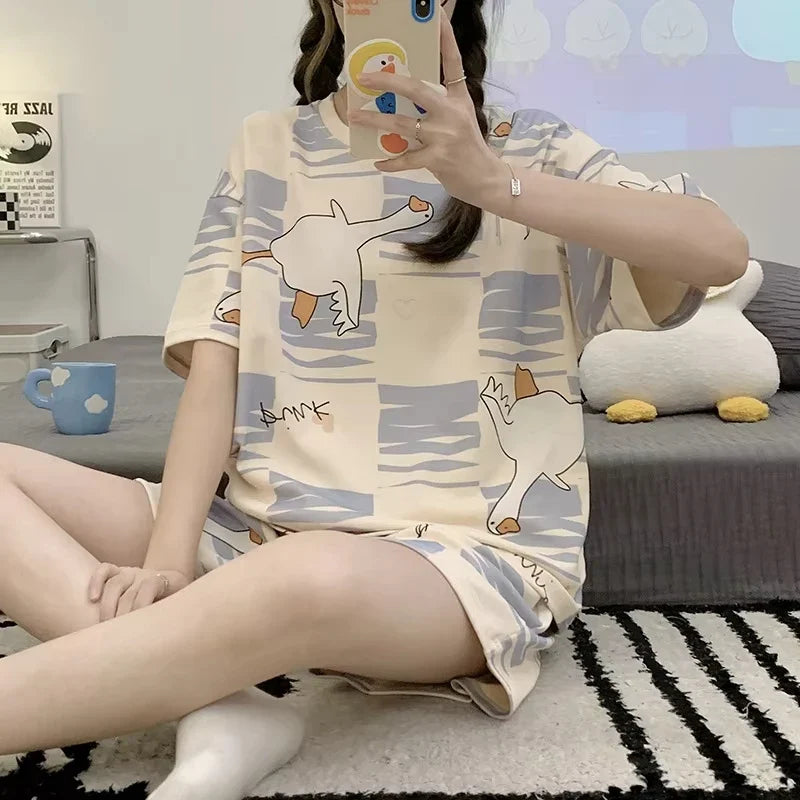 New Pajamas Female Summer Short-Sleeved Shorts Suit Korean Version of the Student Sweet Cute Cartoon Ms. Loose Homewear Suit