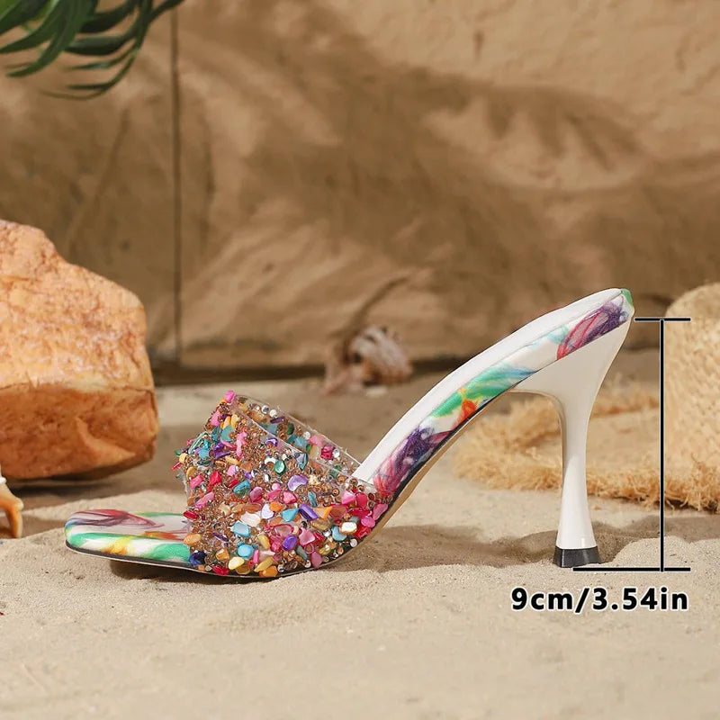 Designer Summer Open Toe Colored Rhinestones Slippers Women PVC Transparent Sexy Thin Heels Stripper Ladies Slides Shoes