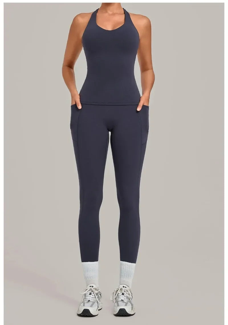 Women's Seamless Yoga Sets Sports Fitness Hip-lifting High Waist Pant Sleeveless Backless Suits Workout Running Leggings Sets