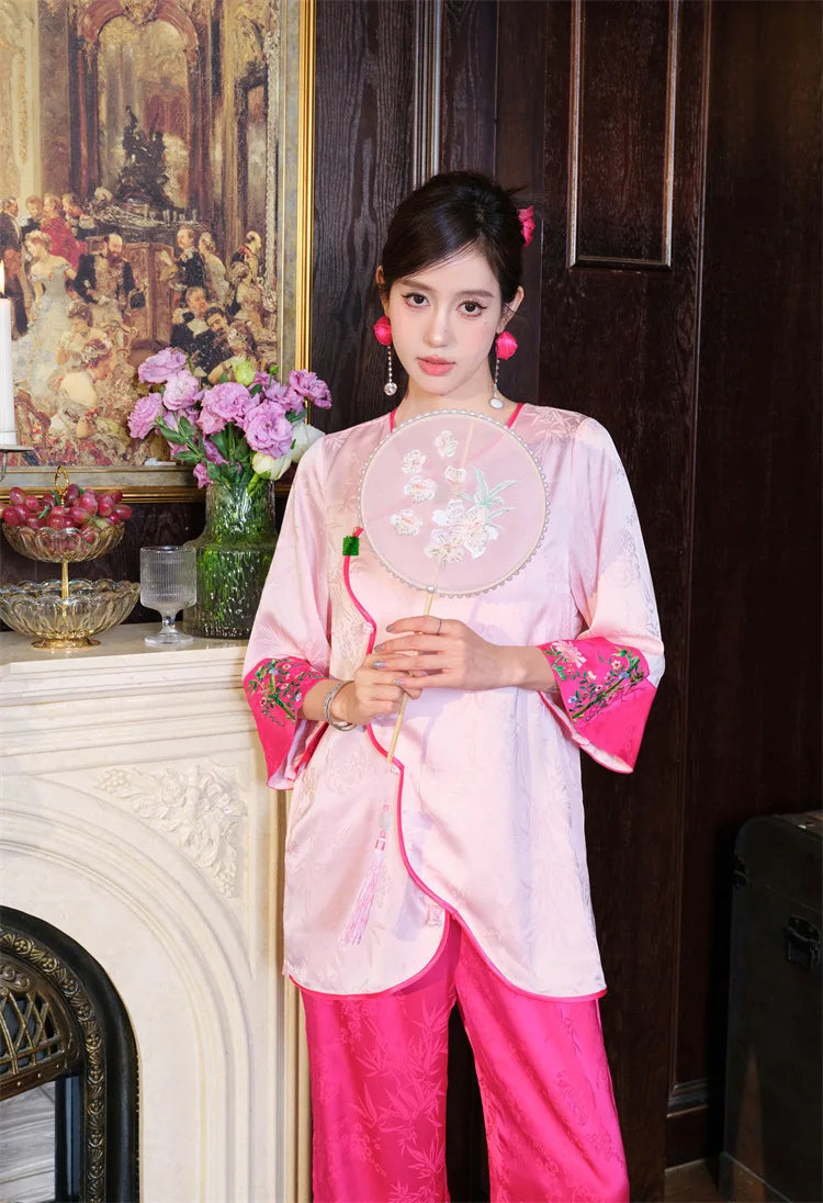 New Chinese style pajamas with breast pads, simulated silk, ice silk home wear, satin jacquard pajamas set