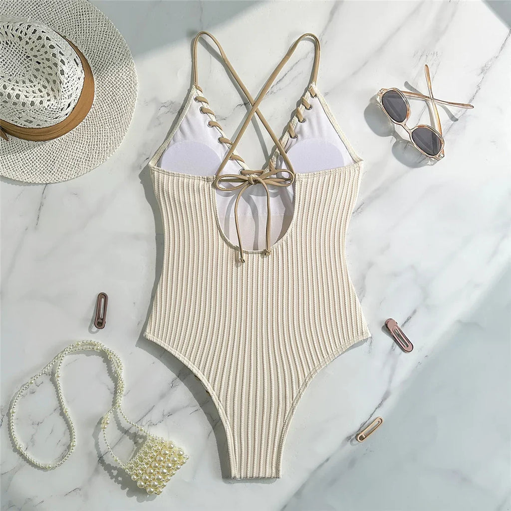 5 Colors V Neck Ribbed Cross Back One Piece Swimsuit Women Swimwear Female High Leg Cut Monokini  Bather Bathing Suit Swim V6278
