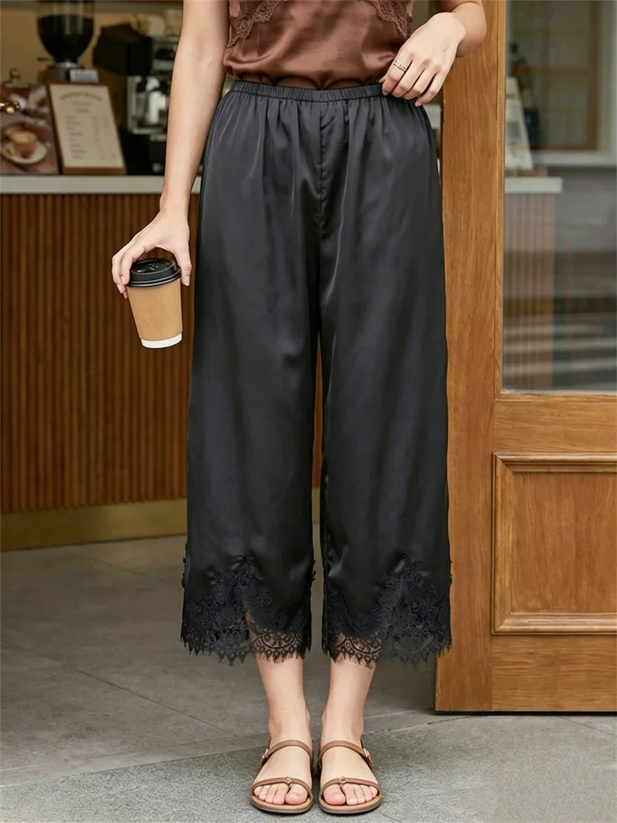 Women's Satin Lace Hem Capris Elastic Waist Loose Fit Wide Leg Pants Solid Color Lounge Street Casual Cropped Pants Summer