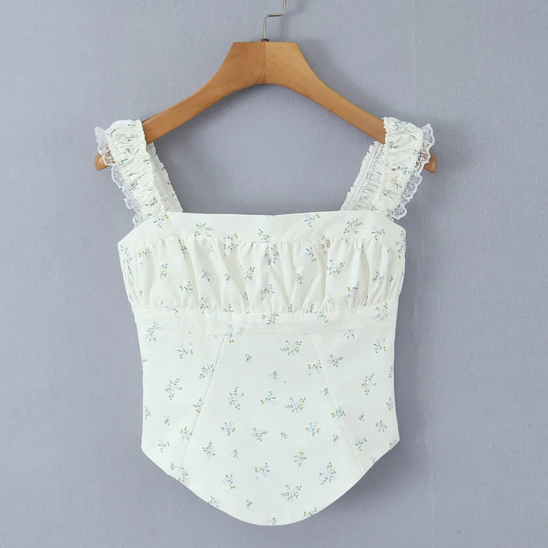 New French Casual Pure Desire Style Sexy Lace Sweet Spicy Girl Floral Print T-Shirt Backless Deep V Suspenders Sleeveless 8RXP