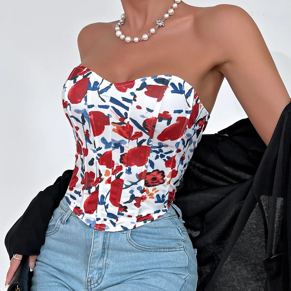 Summer Women Floral Y2K Crop Tops Printed Sleeveless Fishbone Corset Woman Sexy Backless Slim Strapless Streetwear Camisole