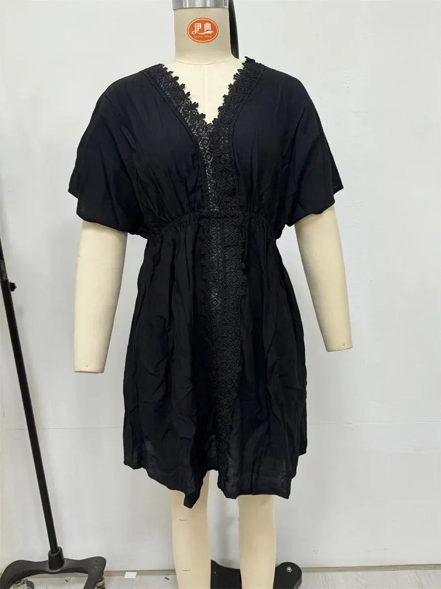 V Neck Lace Short Sleeve Tunic Beach Cover Up Cover-ups Beach Dress Beach Wear Beachwear Female Outfits Bathing kaftan for Women