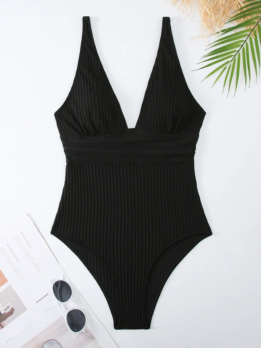 2026 V Neck Swimsuit One Piece Solid Vintage Swimwear Women One-piece Bathing Suit Female Padded Beach Wear Swimming Beachwear