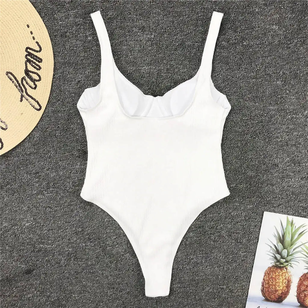 S - XL New Sexy High Cut Women Swimwear Ribbed Underwired One Piece Swimsuit Female Bather Bathing Suit Swim Lady Bodysuit V1607