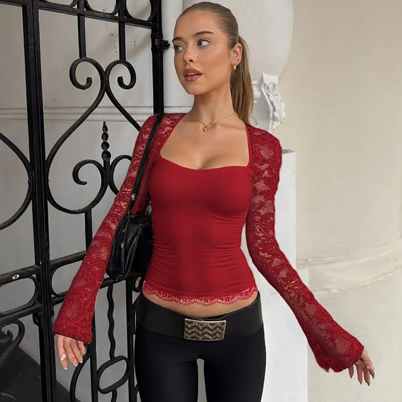 FDYOUI 2026 New Lace Patchwork Long Sleeve T-shirts for Women Square Collar See-through Slim Crop Tops White Black Tee Shirt