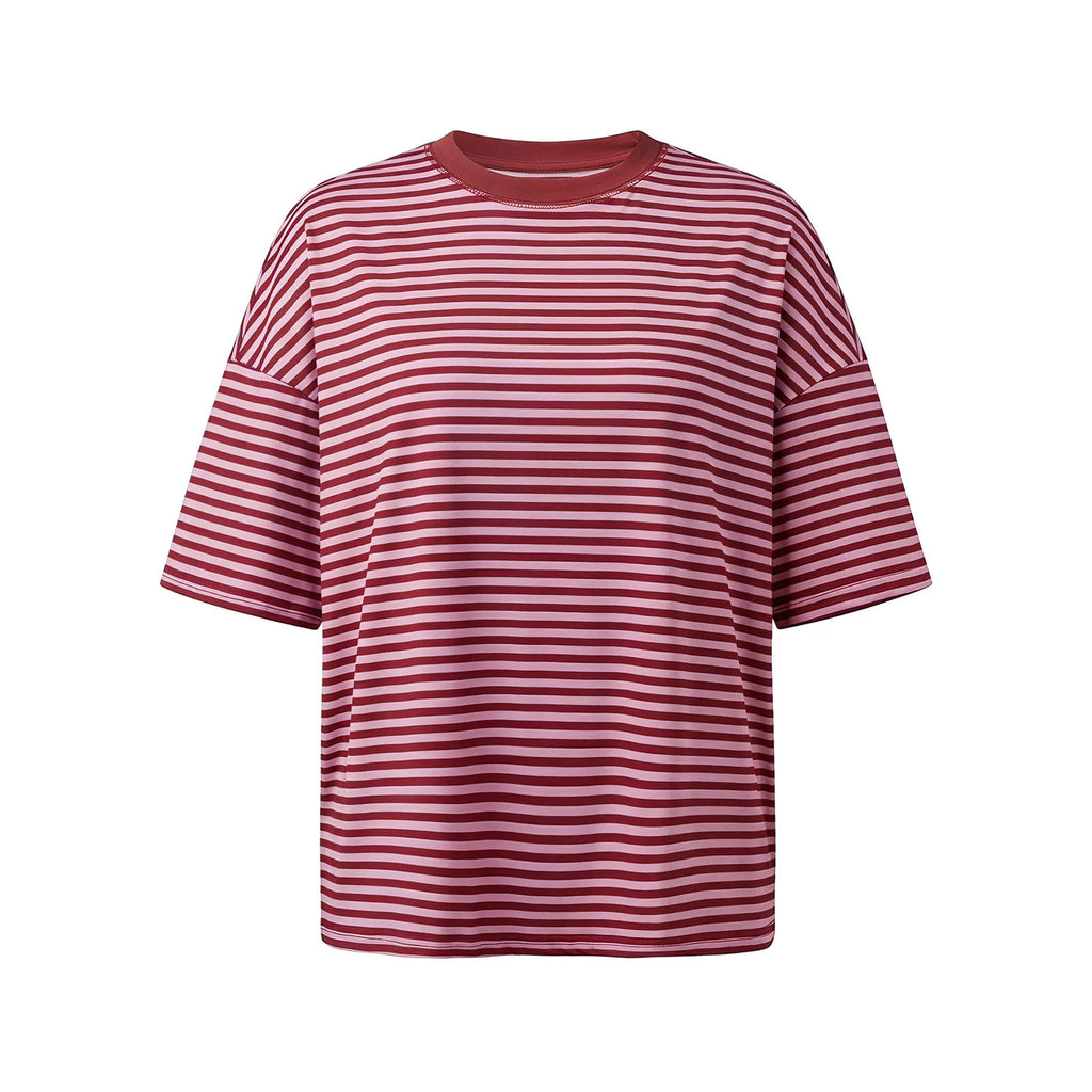 Summer Women's Loose T-shirt Casual Stylish Striped Crew Neck Short Sleeve Drop Shoulder Tee Tops