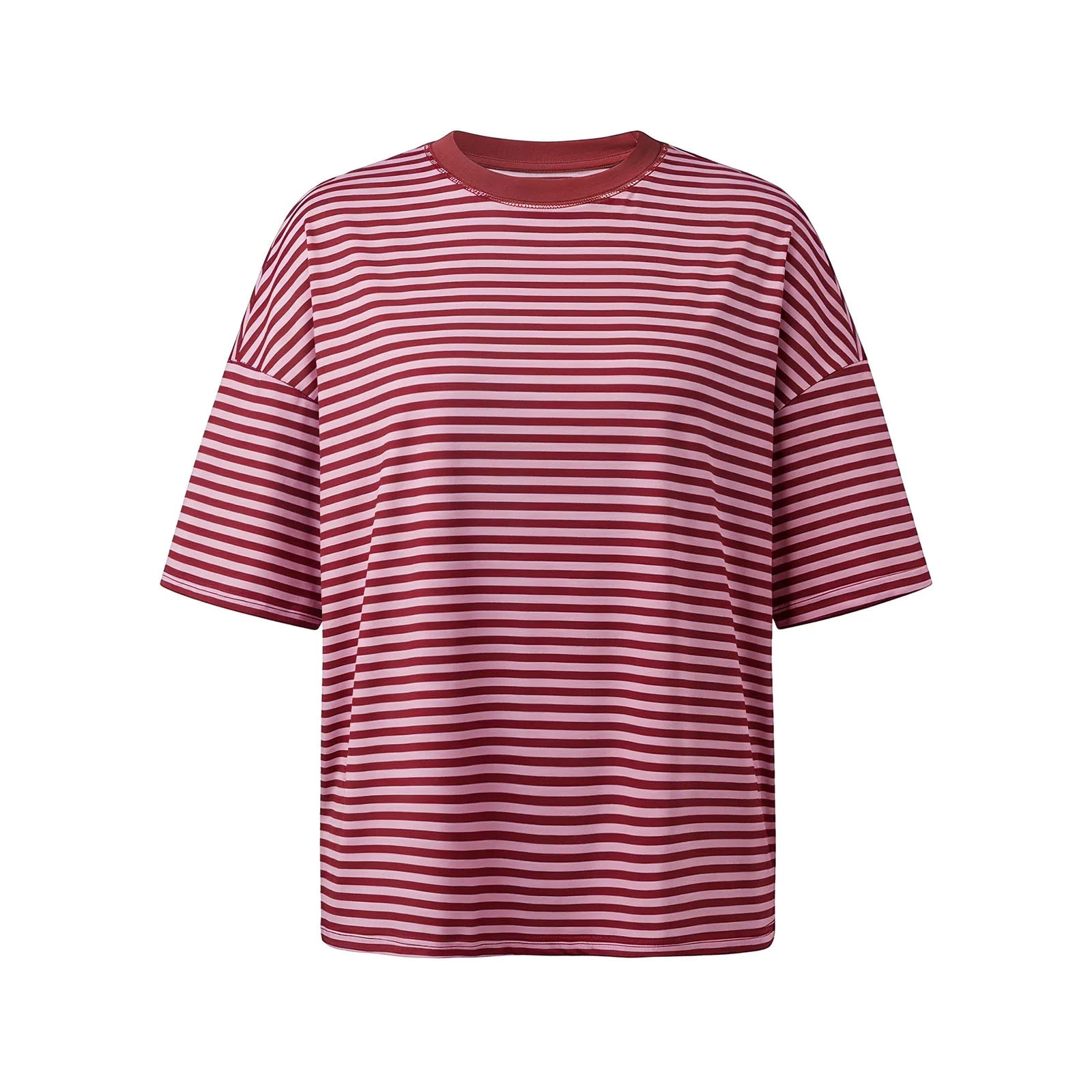Summer Women's Loose T-shirt Casual Stylish Striped Crew Neck Short Sleeve Drop Shoulder Tee Tops