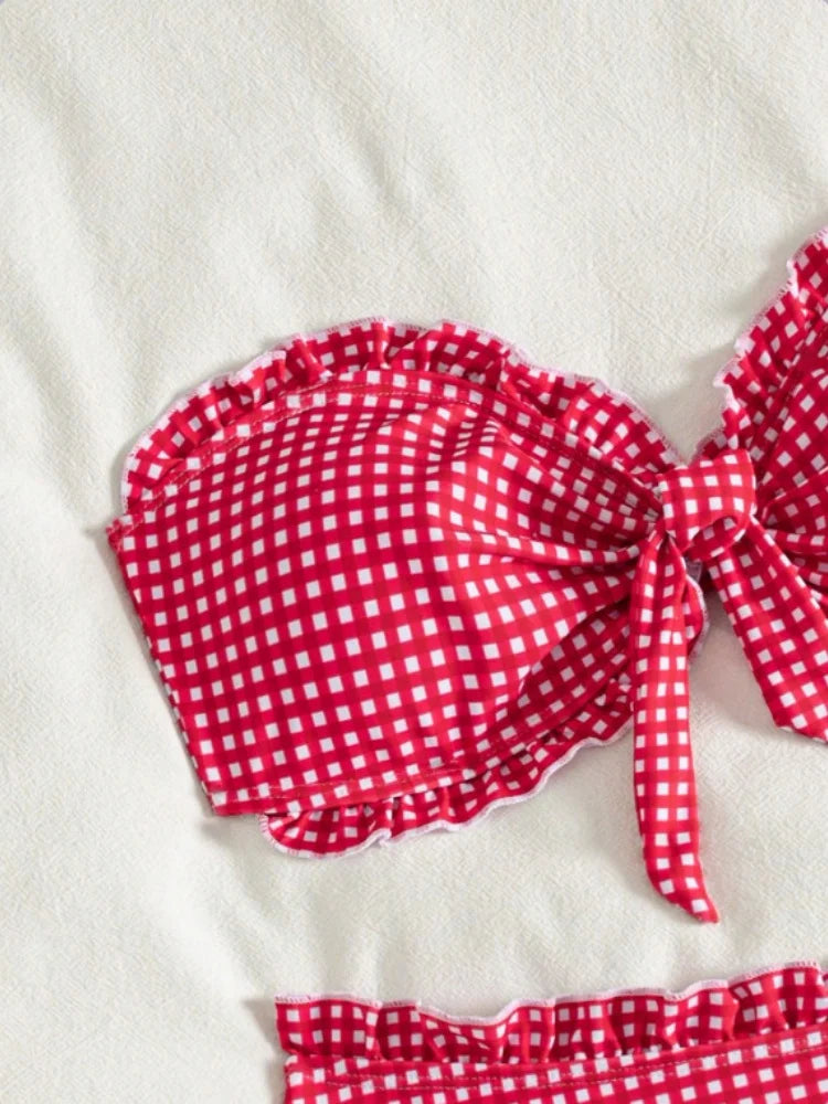 Vintage Coffee Plaid Print Bikini Set Women Bandeau Front Tie Push Up Bra High Waist Swimwear 2026 Beach Bathing Suit Swimsuit