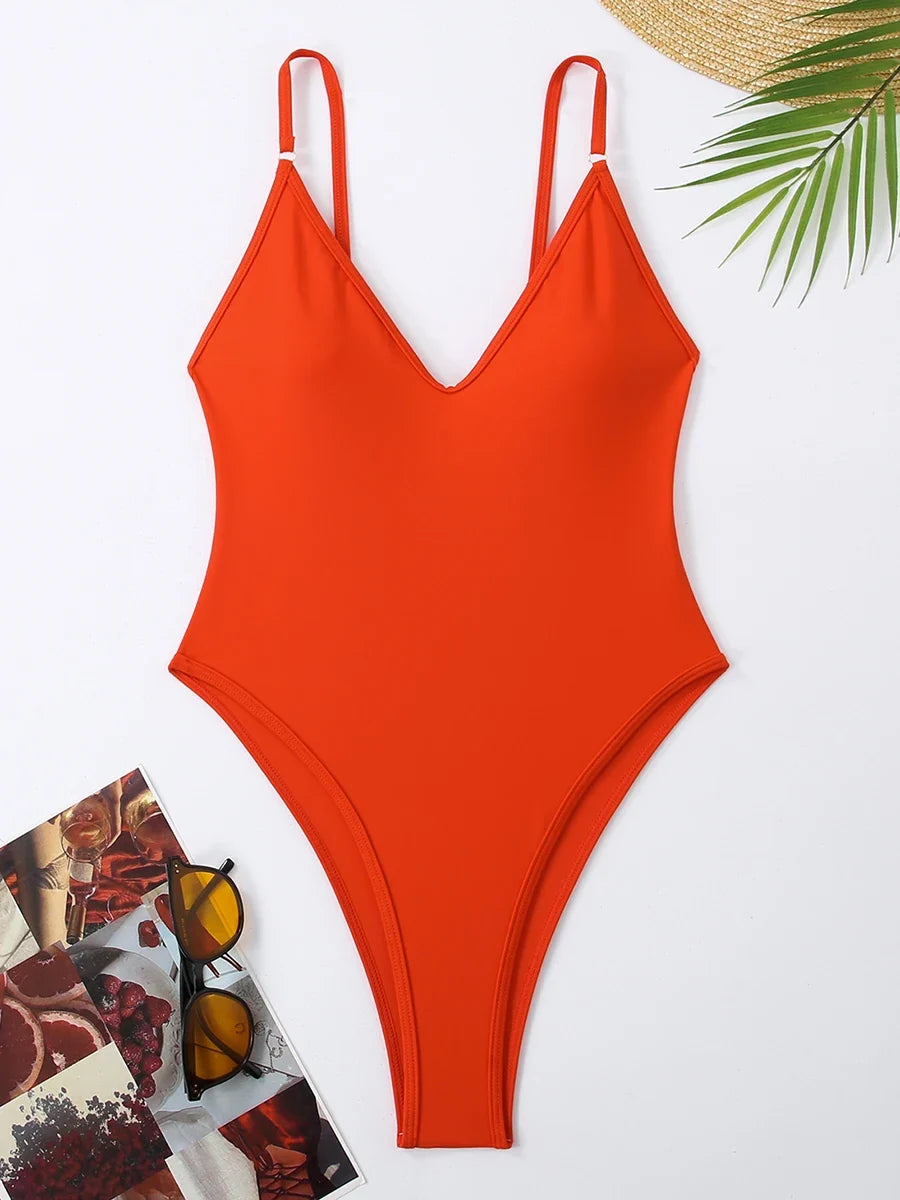 2026 Sexy Solid Swimsuit One Piece High Cut Swimwear Women V neck Backless Bathers Bathing Swimming Swim Suit Female Beachwear