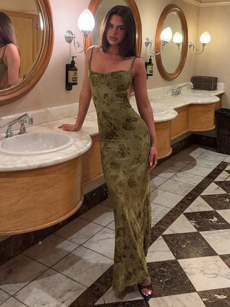 FDYOUI Sexy Elegant Chain Backless Green Floral Evening Dress for Women Sleeveless Bodycon Long Cocktail Dresses Party Club Gown