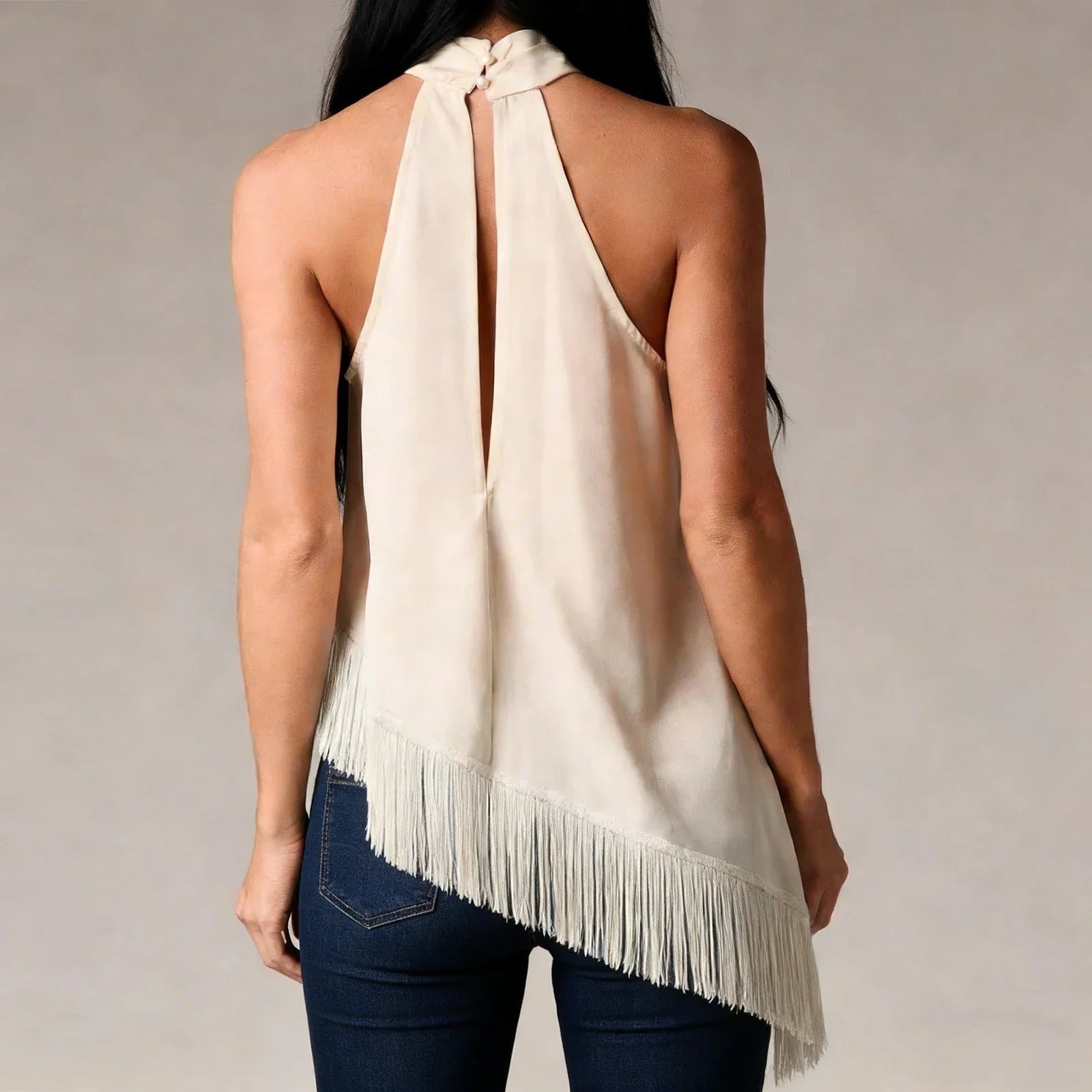 Women's Summer Solid Color Satin Halter Mock Neck Tops Sleeveless Tassel Hem Loose Fit Tank Tops
