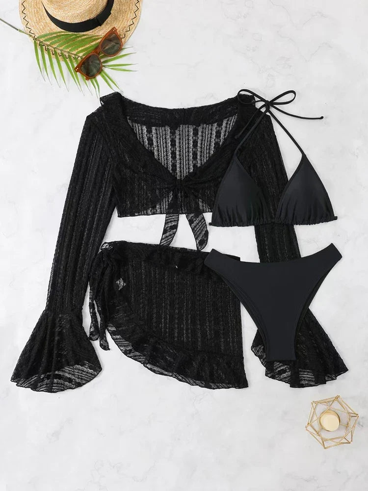 2026 Sexy Four-piece Women Swimsuit Long-sleeve Cover-up Swimwear Summer Solid Bikini Set Brazilian Beachwear Party bathing suit