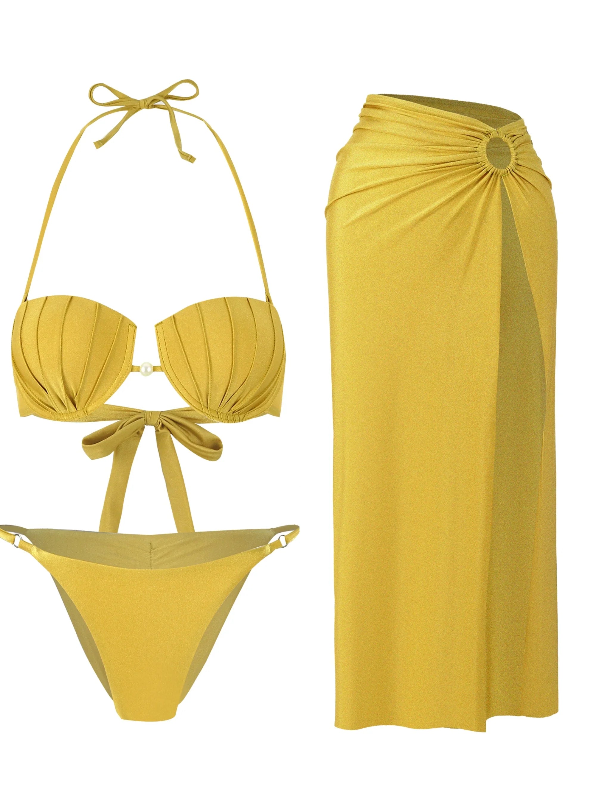 Sexy Shell Bikini Set With Skirt Women Two-Pieces Swimsuit 2024 New High Fork Skirt Set Biquini Swimwear For Girl Clothing