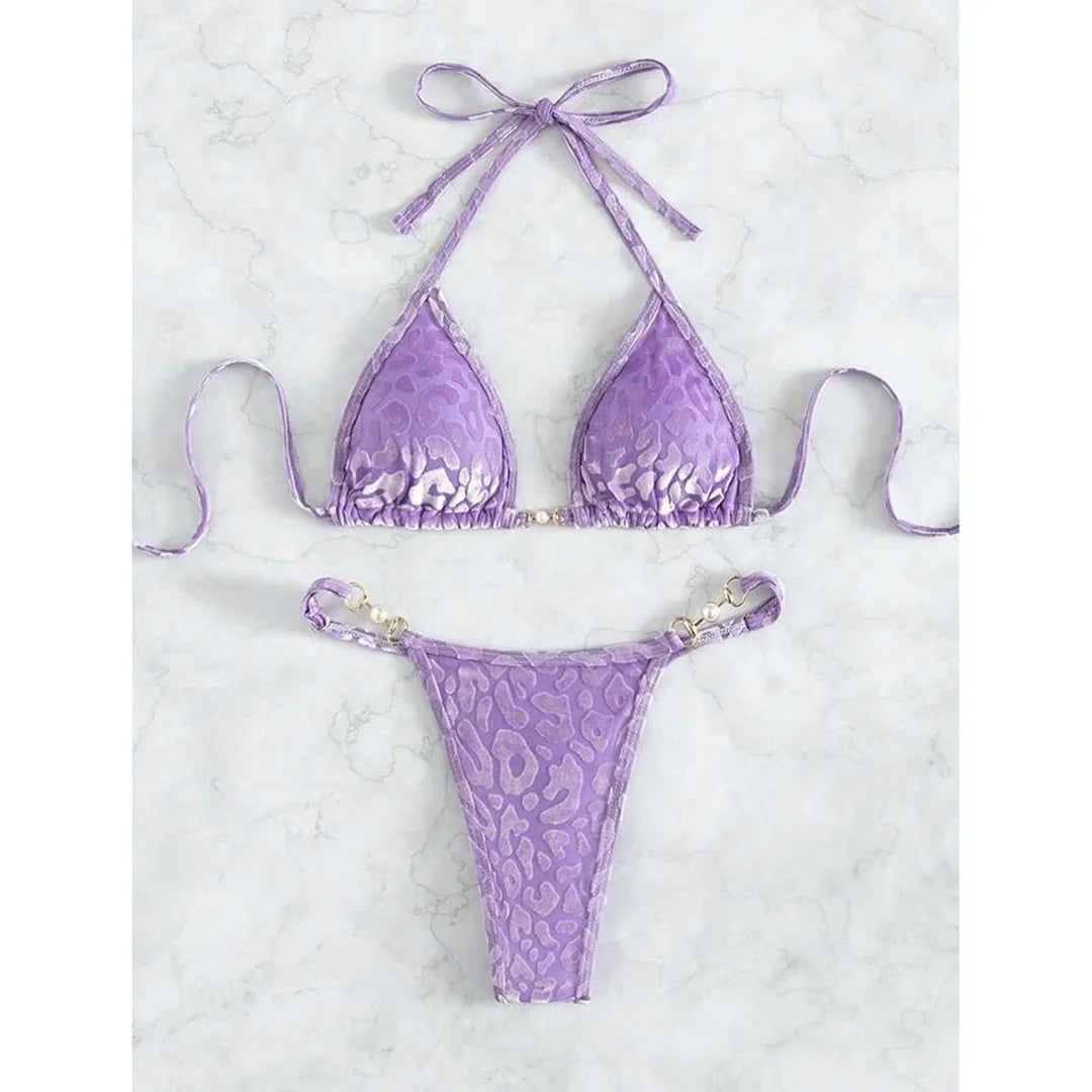 S- XL Leopard Halter Mini Micro Thong Bikini Women Swimwear Female Swimsuit Two-pieces Bikini Set Bather Bathing Suit Swim V5207