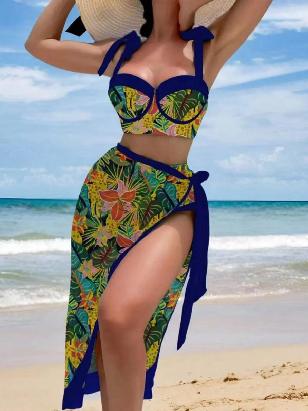 Vintage Black Floral Print Bikini 2026 Women Push Up Underwire Bra High Waist Swimsuit Beach Bathing Suit Skirt 3 Piece Swimwear