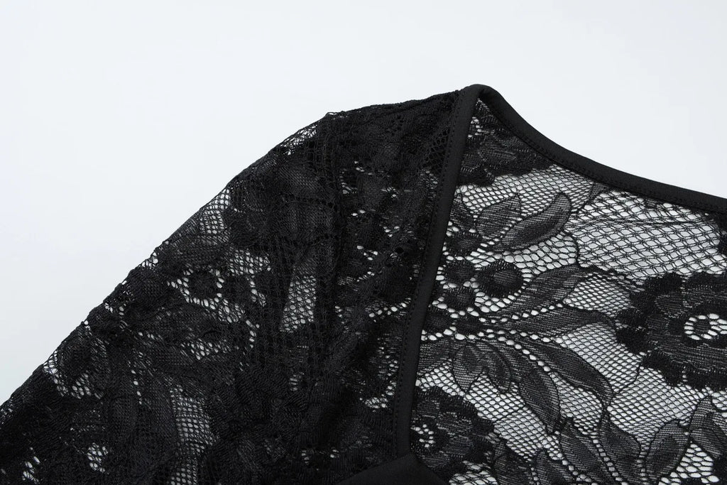 FDYOUI 2026 New Lace Patchwork Long Sleeve T-shirts for Women Square Collar See-through Slim Crop Tops White Black Tee Shirt
