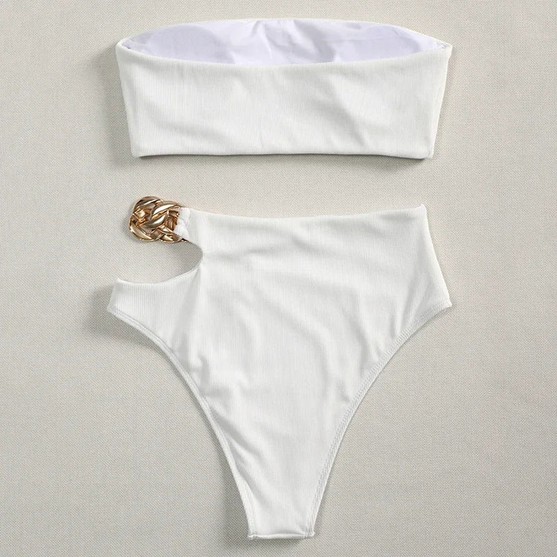 Metal Chain Ribbed Female Bandeau Swimsuit High Waist Bikini Women Swimwear Two-pieces Bikini set Asymmetric Bathing Suit Swim