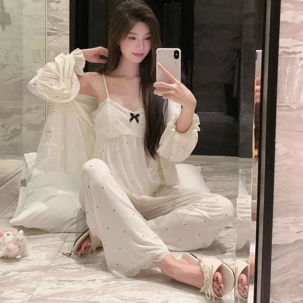 Women's spring and summer modal pajamas, comfortable three-piece home wear set with chest pad