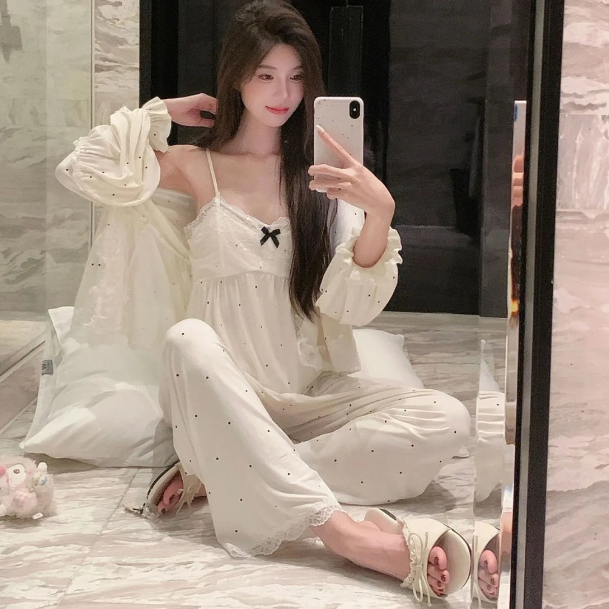 Women's spring and summer modal pajamas, comfortable three-piece home wear set with chest pad
