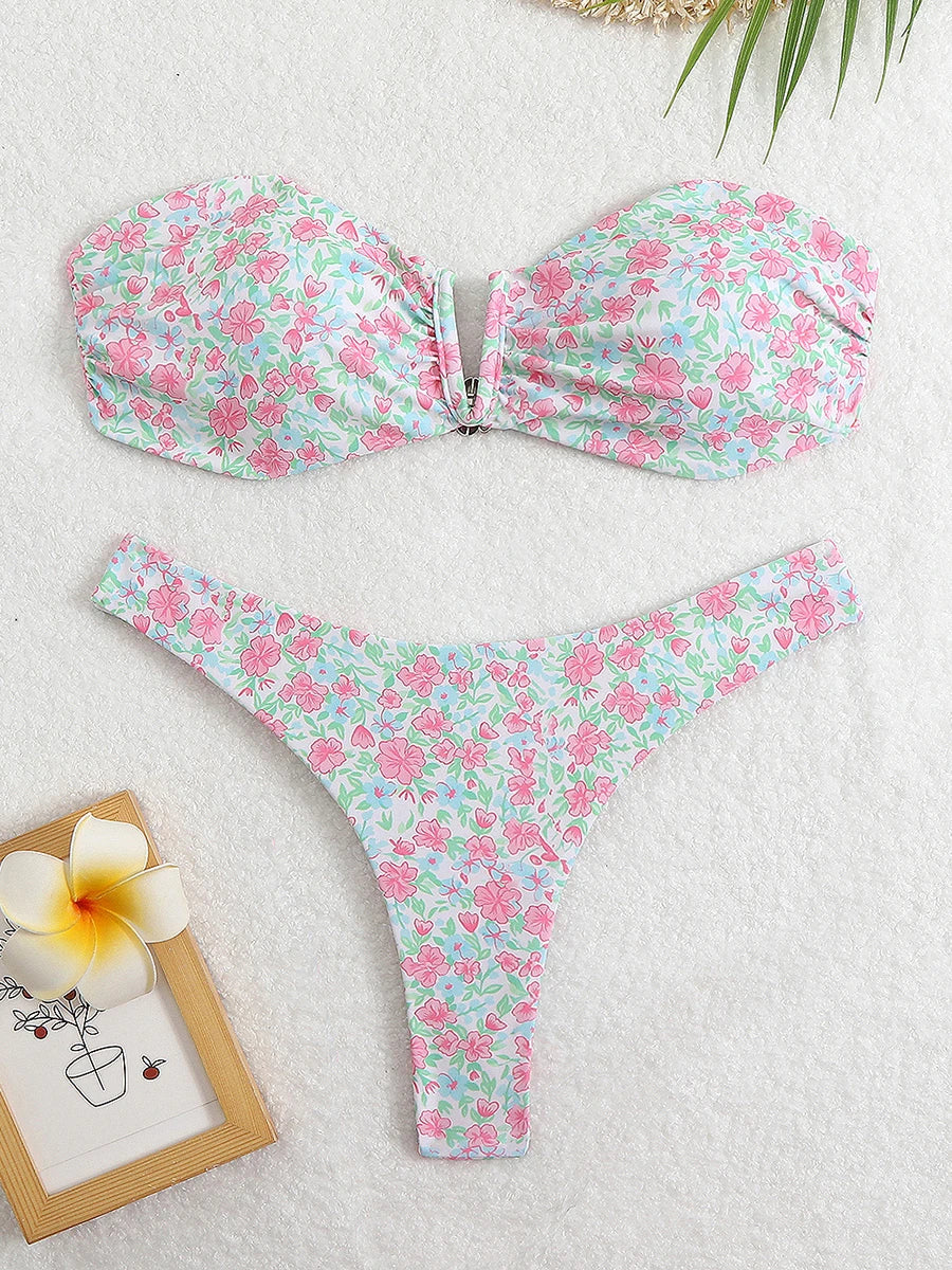 Floral Bandeau Thong Bikini 2025 Sexy Swimsuit Women Brazilian Swimwear Female Bathers Bathing Swimming Swim Suit Beachwear