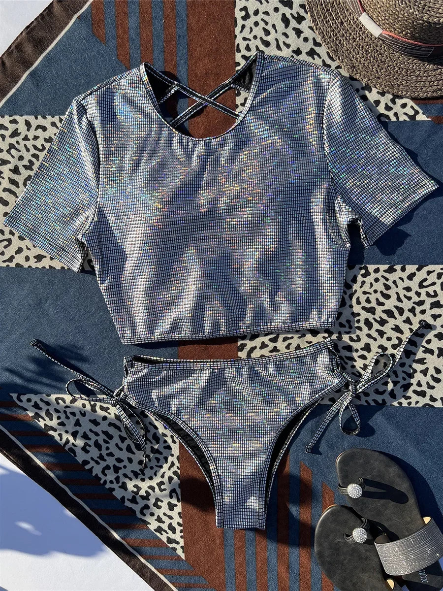 Shiny Sequins Short Sleeve Bikini Women Swimsuit Female Swimwear Two Pieces Bikini Set Cross Backless Bather Bathing Suit Swim