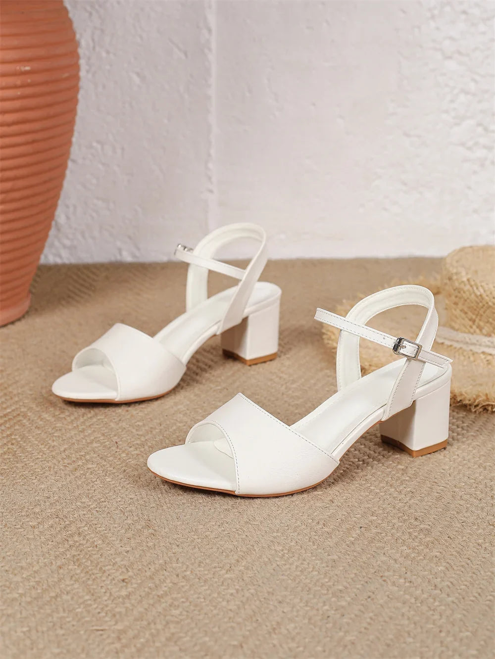 Size 42 Summer Classic Black White Ankle Strap Sandals for Women Elegant Blue Pink Square Heels Office Lady Shoes