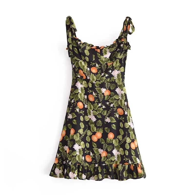 French Style Vintage Lemon Leaf Printed Green Dress Sexy Slip Midi Sleeveless Tank Dress Chiffon Women Holiday Elegant Dress