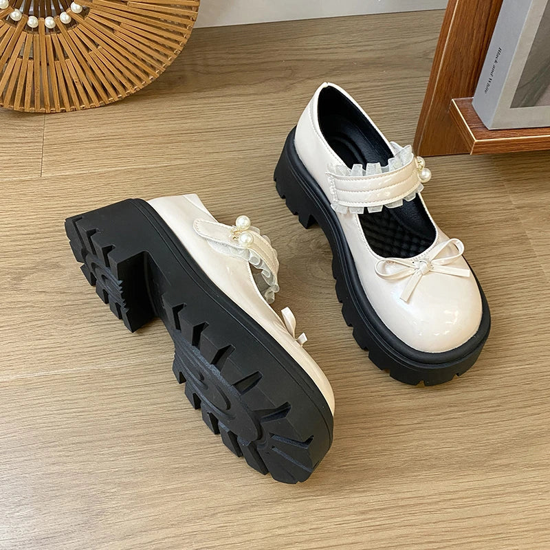 Sweet Bowknot Lace Strap Platform Mary Jane Shoes Women Korean Patent Leather Jk Lolita Shoes Woman 2025 Thick Heel Pumps Female