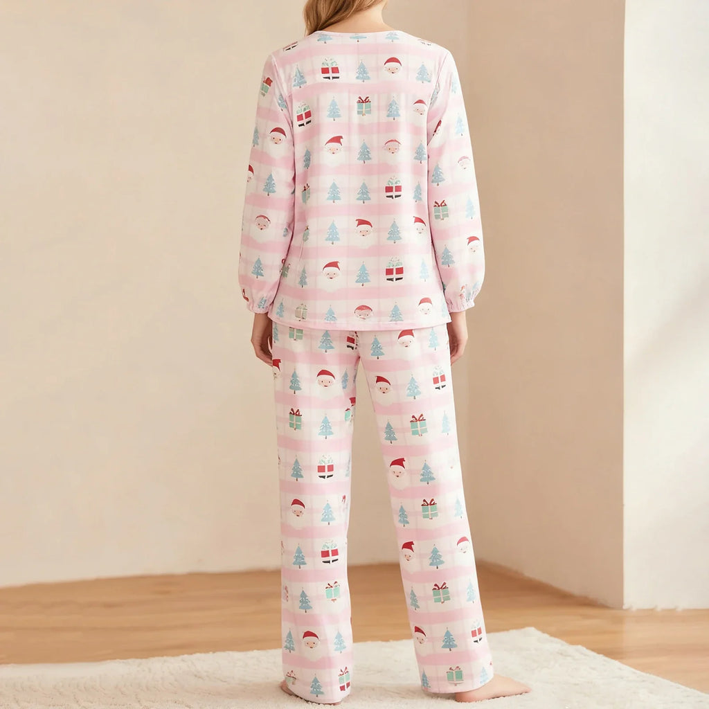 Women Christmas Pajamas Long Sleeve Tie-up V Neck Tops and Pants Loose Fall Winter Two Piece Loungewear