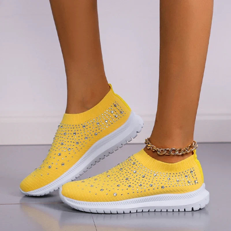 Women's Slip-On Crystal Sneakers 2025 Breathable Mesh Plus Size 35-43 Casual Flats Women Comfort Soft Sole Running Walking Shoes