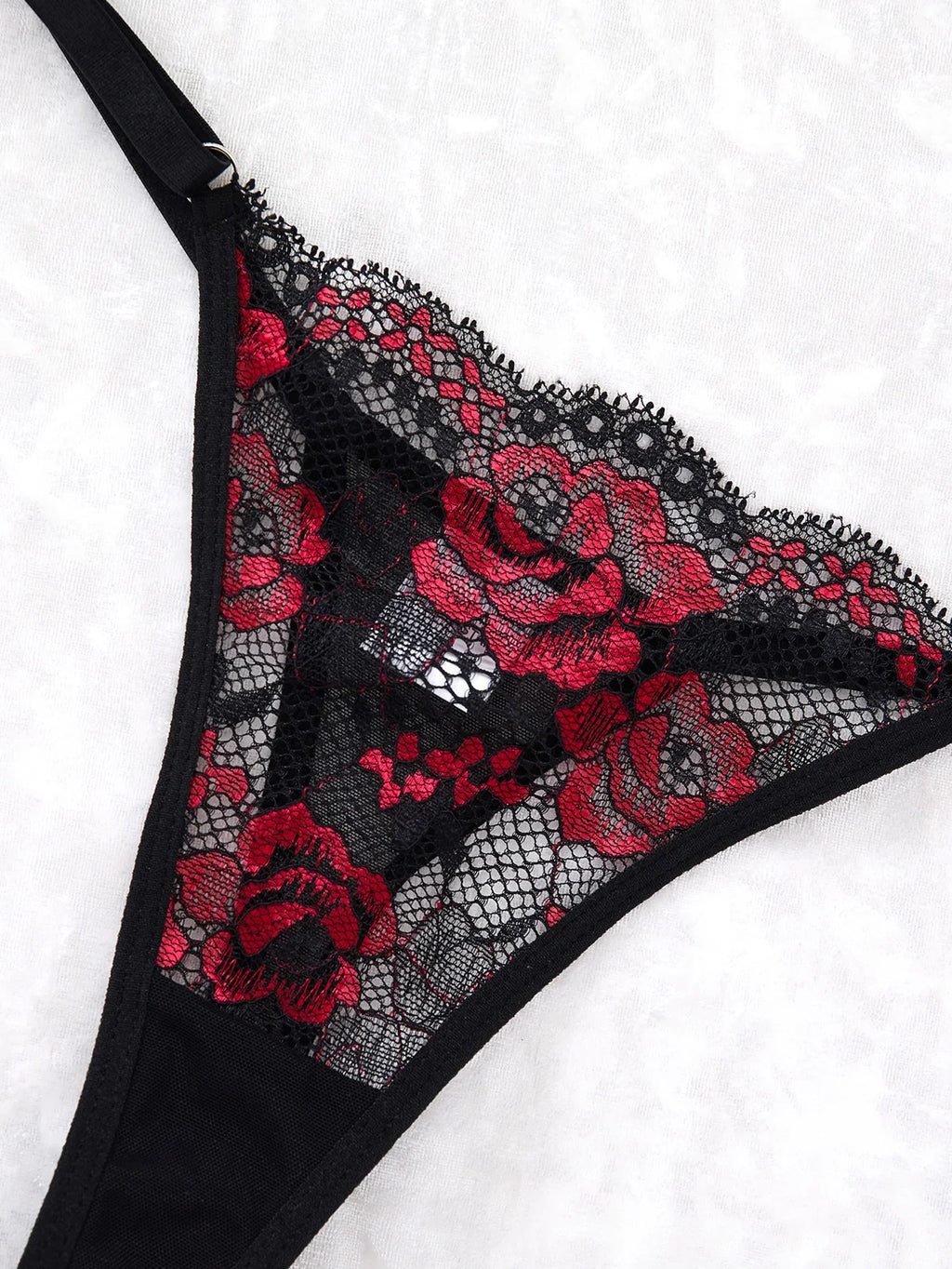 Black and red rose embroidered lace nightgown, sophisticated style deep V netted sheer strapless nightgown thong set ZA825133