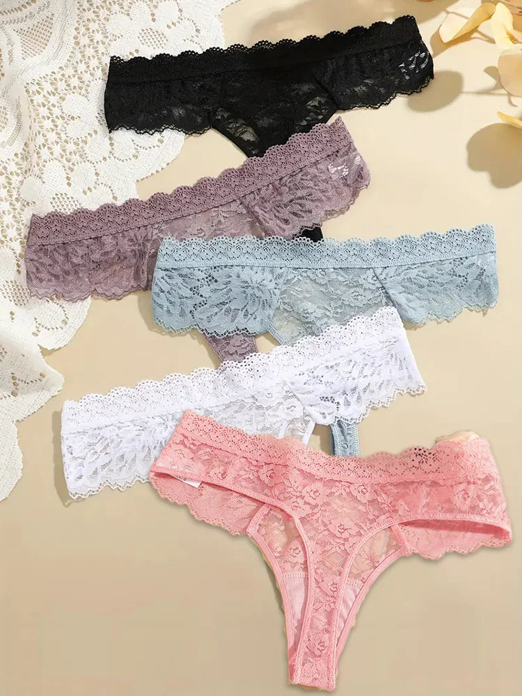 5Pcs Lace Sexy Thongs Women Low-Rise Briefs Sexy Soft Ladies Underwear Trendy Floral Underpants Female Flowery Panty Lingerie